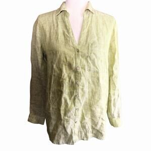 Sigrid Olsen Women S 100% Linen Green Long Rolled Sleeve Button-Down Shirt